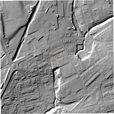 Shaded relief map of the ground around M460LQ, computed from Environment Agency LiDAR. The ground here sits at about 54 m above sea level and falls 28 m across the surrounding 800 m. Surface water reaching this point runs off ground lying to the north-north-west, 4.0 m higher.
