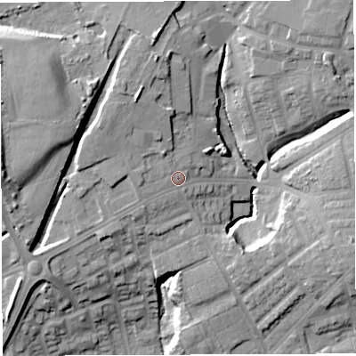Shaded relief map of the ground around M460LW, computed from Environment Agency LiDAR. The ground here sits at about 56 m above sea level and falls 23 m across the surrounding 800 m. Surface water reaching this point runs off ground lying to the north-north-west, 5.5 m higher.
