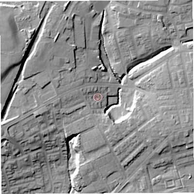 Shaded relief map of the ground around M460NJ, computed from Environment Agency LiDAR. The ground here sits at about 52 m above sea level and falls 24 m across the surrounding 800 m. Surface water reaching this point runs off ground lying to the east-south-east, 14.9 m higher.