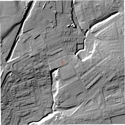 Shaded relief map of the ground around M460NL, computed from Environment Agency LiDAR. The ground here sits at about 54 m above sea level and falls 28 m across the surrounding 800 m. Surface water reaching this point runs off ground lying to the east, 2.4 m higher.