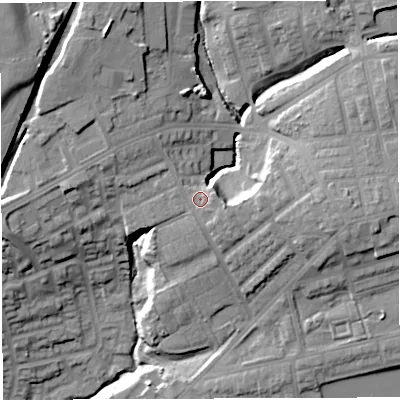 Shaded relief map of the ground around M460NN, computed from Environment Agency LiDAR. The ground here sits at about 54 m above sea level and falls 27 m across the surrounding 800 m. Surface water reaching this point runs off ground lying to the east-south-east, 1.6 m higher.