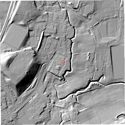 Shaded relief map of the ground around M460NY, computed from Environment Agency LiDAR. The ground here sits at about 32 m above sea level and falls 18 m across the surrounding 800 m. Surface water reaching this point runs off ground lying to the north-north-east, 0.8 m higher.