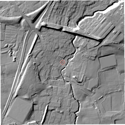 Shaded relief map of the ground around M460PG, computed from Environment Agency LiDAR. The ground here sits at about 34 m above sea level and falls 19 m across the surrounding 800 m. Surface water reaching this point runs off ground lying to the north-north-west, 15.0 m higher.