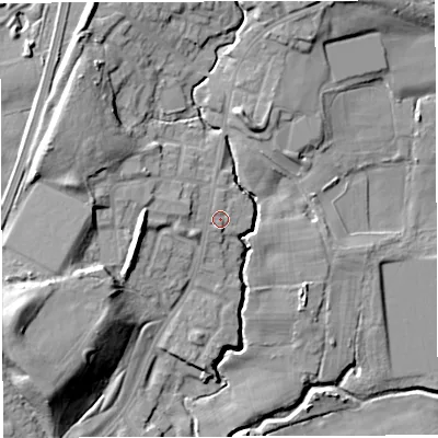 Shaded relief map of the ground around M460PN, computed from Environment Agency LiDAR. The ground here sits at about 34 m above sea level and falls 18 m across the surrounding 800 m. Surface water reaching this point runs off ground lying to the north-west, 9.8 m higher.