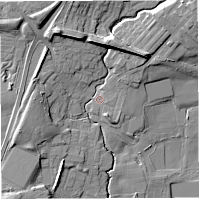 Shaded relief map of the ground around M460PQ, computed from Environment Agency LiDAR. The ground here sits at about 35 m above sea level and falls 19 m across the surrounding 800 m. Surface water reaching this point runs off ground lying to the north-east, 4.8 m higher.