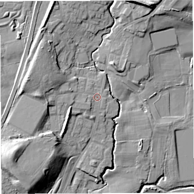 Shaded relief map of the ground around M460PW, computed from Environment Agency LiDAR. The ground here sits at about 34 m above sea level and falls 22 m across the surrounding 800 m. Surface water reaching this point runs off ground lying to the north-north-east, 15.0 m higher.