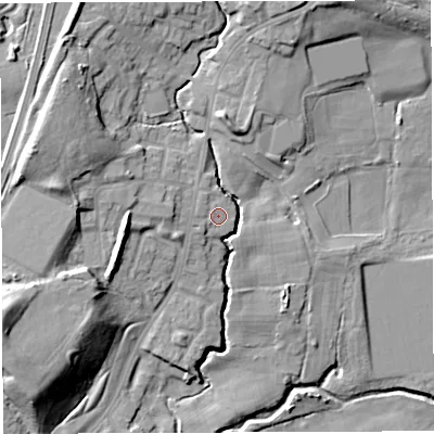 Shaded relief map of the ground around M460QL, computed from Environment Agency LiDAR. The ground here sits at about 34 m above sea level and falls 18 m across the surrounding 800 m. Surface water reaching this point runs off ground lying to the north-west, 9.8 m higher.