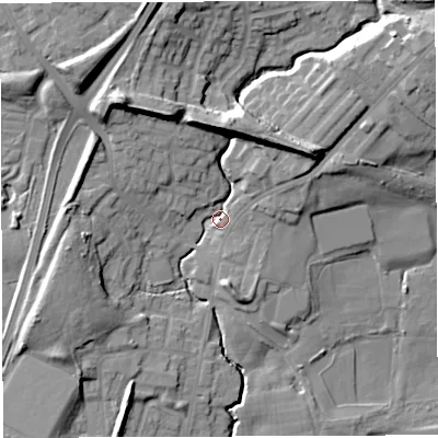 Shaded relief map of the ground around M460QU, computed from Environment Agency LiDAR. The ground here sits at about 35 m above sea level and falls 19 m across the surrounding 800 m. Surface water reaching this point runs off ground lying to the north-north-west, 15.3 m higher.