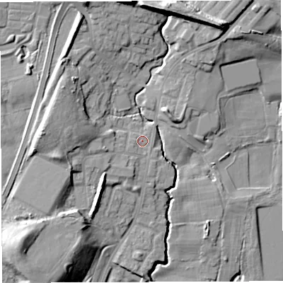 Shaded relief map of the ground around M460RA, computed from Environment Agency LiDAR. The ground here sits at about 34 m above sea level and falls 21 m across the surrounding 800 m. Surface water reaching this point runs off ground lying to the north-east, 15.0 m higher.