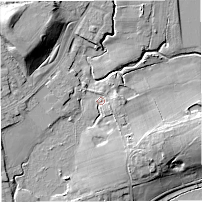 Shaded relief map of the ground around M460RG, computed from Environment Agency LiDAR. The ground here sits at about 29 m above sea level and falls 22 m across the surrounding 800 m. Surface water reaching this point runs off ground lying to the east, 4.6 m higher.