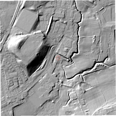 Shaded relief map of the ground around M460RN, computed from Environment Agency LiDAR. The ground here sits at about 28 m above sea level and falls 18 m across the surrounding 800 m. Surface water reaching this point runs off ground lying to the north, 9.2 m higher.