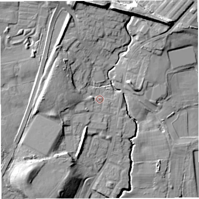 Shaded relief map of the ground around M460RP, computed from Environment Agency LiDAR. The ground here sits at about 35 m above sea level and falls 21 m across the surrounding 800 m. Surface water reaching this point runs off ground lying to the west, 8.0 m higher.