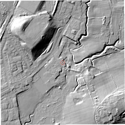 Shaded relief map of the ground around M460RW, computed from Environment Agency LiDAR. The ground here sits at about 28 m above sea level and falls 18 m across the surrounding 800 m. Surface water reaching this point runs off ground lying to the north-west, 15.9 m higher.