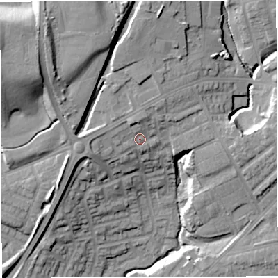 Shaded relief map of the ground around M460SJ, computed from Environment Agency LiDAR. The ground here sits at about 53 m above sea level and falls 31 m across the surrounding 800 m. Surface water reaching this point runs off ground lying to the north-north-west, 4.3 m higher.