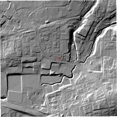 Shaded relief map of the ground around M469AT, computed from Environment Agency LiDAR. The ground here sits at about 45 m above sea level and falls 28 m across the surrounding 800 m. Surface water reaching this point runs off ground lying to the north-north-west, 8.4 m higher.