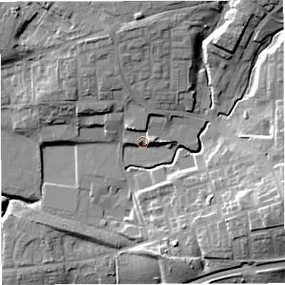 Shaded relief map of the ground around M469BJ, computed from Environment Agency LiDAR. The ground here sits at about 40 m above sea level and falls 27 m across the surrounding 800 m. Surface water reaching this point runs off ground lying to the north-north-east, 7.7 m higher.