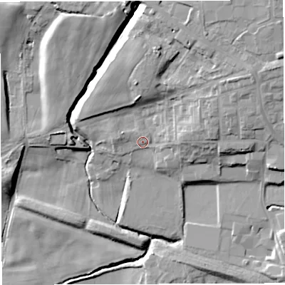 Shaded relief map of the ground around M469BN, computed from Environment Agency LiDAR. The ground here sits at about 39 m above sea level and falls 26 m across the surrounding 800 m. Surface water reaching this point runs off ground lying to the north-east, 15.3 m higher.