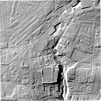 Shaded relief map of the ground around M469DU, computed from Environment Agency LiDAR. The ground here sits at about 57 m above sea level and falls 30 m across the surrounding 800 m. Surface water reaching this point runs off ground lying to the west-south-west, 8.6 m higher.