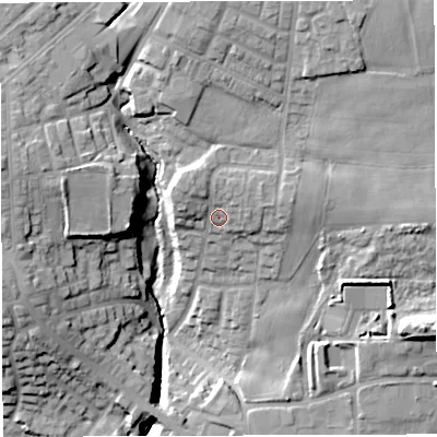 Shaded relief map of the ground around M469EF, computed from Environment Agency LiDAR. The ground here sits at about 56 m above sea level and falls 24 m across the surrounding 800 m. Surface water reaching this point runs off ground lying to the north, 3.0 m higher.
