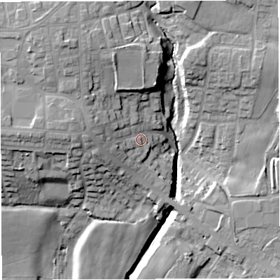 Shaded relief map of the ground around M469EH, computed from Environment Agency LiDAR. The ground here sits at about 53 m above sea level and falls 28 m across the surrounding 800 m. Surface water reaching this point runs off ground lying to the west, 8.9 m higher.
