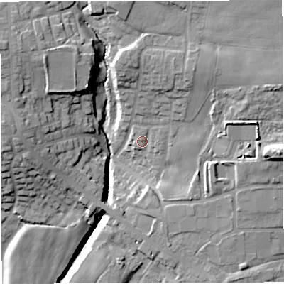 Shaded relief map of the ground around M469EQ, computed from Environment Agency LiDAR. The ground here sits at about 50 m above sea level and falls 28 m across the surrounding 800 m. Surface water reaching this point runs off ground lying to the north-west, 21.7 m higher.