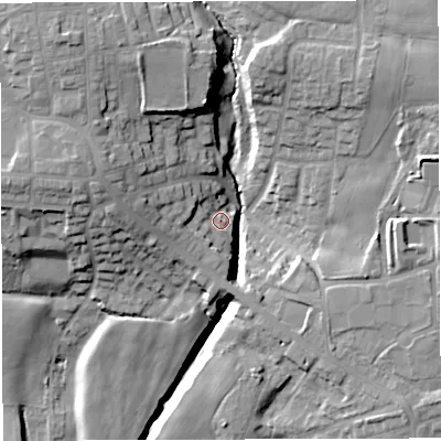 Shaded relief map of the ground around M469ES, computed from Environment Agency LiDAR. The ground here sits at about 48 m above sea level and falls 29 m across the surrounding 800 m. Surface water reaching this point runs off ground lying to the west, 13.7 m higher.