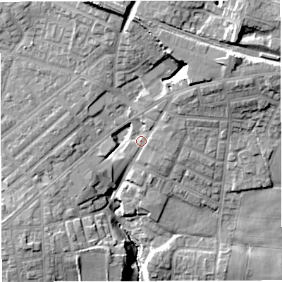 Shaded relief map of the ground around M469FD, computed from Environment Agency LiDAR. The ground here sits at about 61 m above sea level and falls 25 m across the surrounding 800 m. Surface water reaching this point runs off ground lying to the north-east, 13.0 m higher.