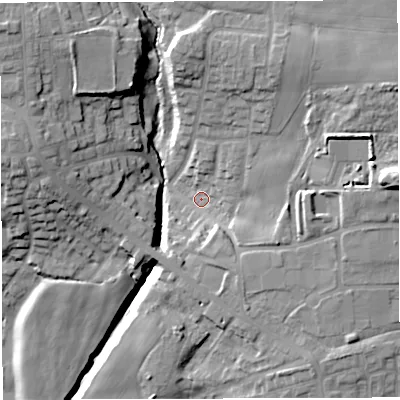 Shaded relief map of the ground around M469FF, computed from Environment Agency LiDAR. The ground here sits at about 45 m above sea level and falls 29 m across the surrounding 800 m. Surface water reaching this point runs off ground lying to the north-west, 21.7 m higher.