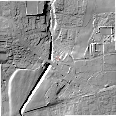 Shaded relief map of the ground around M469GQ, computed from Environment Agency LiDAR. The ground here sits at about 49 m above sea level and falls 28 m across the surrounding 800 m. Surface water reaching this point runs off ground lying to the east-north-east, 15.6 m higher.