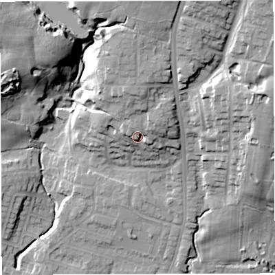 Shaded relief map of the ground around M469HH, computed from Environment Agency LiDAR. The ground here sits at about 86 m above sea level and falls 39 m across the surrounding 800 m. Surface water reaching this point runs off ground lying to the north, 9.8 m higher.