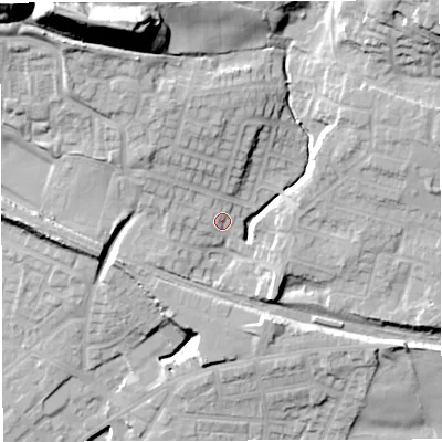 Shaded relief map of the ground around M469HU, computed from Environment Agency LiDAR. The ground here sits at about 70 m above sea level and falls 44 m across the surrounding 800 m. Surface water reaching this point runs off ground lying to the north-north-west, 7.8 m higher.
