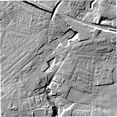 Shaded relief map of the ground around M469JG, computed from Environment Agency LiDAR. The ground here sits at about 61 m above sea level and falls 24 m across the surrounding 800 m. Surface water reaching this point runs off ground lying to the north, 14.7 m higher.