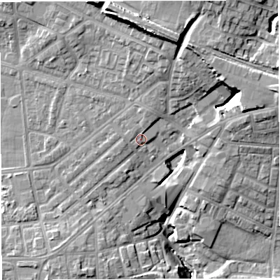 Shaded relief map of the ground around M469JL, computed from Environment Agency LiDAR. The ground here sits at about 62 m above sea level and falls 23 m across the surrounding 800 m. Surface water reaching this point runs off ground lying to the north-north-east, 2.5 m higher.