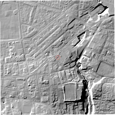 Shaded relief map of the ground around M469JQ, computed from Environment Agency LiDAR. The ground here sits at about 61 m above sea level and falls 28 m across the surrounding 800 m. Surface water reaching this point runs off ground lying to the south-west, 2.9 m higher.