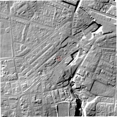 Shaded relief map of the ground around M469JY, computed from Environment Agency LiDAR. The ground here sits at about 61 m above sea level and falls 25 m across the surrounding 800 m. Surface water reaching this point runs off ground lying to the south-west, 3.2 m higher.