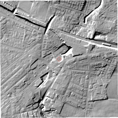 Shaded relief map of the ground around M469JZ, computed from Environment Agency LiDAR. The ground here sits at about 63 m above sea level and falls 24 m across the surrounding 800 m. Surface water reaching this point runs off ground lying to the north-north-west, 11.2 m higher.