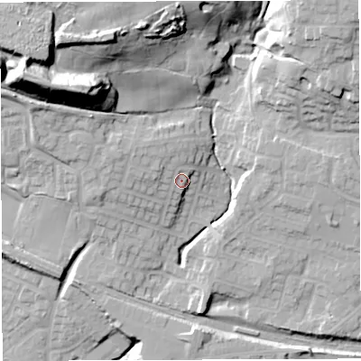 Shaded relief map of the ground around M469LB, computed from Environment Agency LiDAR. The ground here sits at about 74 m above sea level and falls 41 m across the surrounding 800 m. Surface water reaching this point runs off ground lying to the north-west, 2.8 m higher.
