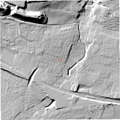 Shaded relief map of the ground around M469LX, computed from Environment Agency LiDAR. The ground here sits at about 71 m above sea level and falls 44 m across the surrounding 800 m. Surface water reaching this point runs off ground lying to the north-north-west, 7.3 m higher.