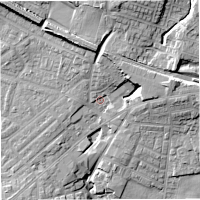 Shaded relief map of the ground around M469NA, computed from Environment Agency LiDAR. The ground here sits at about 62 m above sea level and falls 24 m across the surrounding 800 m. Surface water reaching this point runs off ground lying to the north-north-east, 5.5 m higher.