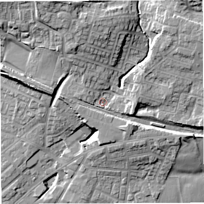 Shaded relief map of the ground around M469QG, computed from Environment Agency LiDAR. The ground here sits at about 68 m above sea level and falls 23 m across the surrounding 800 m. Surface water reaching this point runs off ground lying to the west, 3.4 m higher.