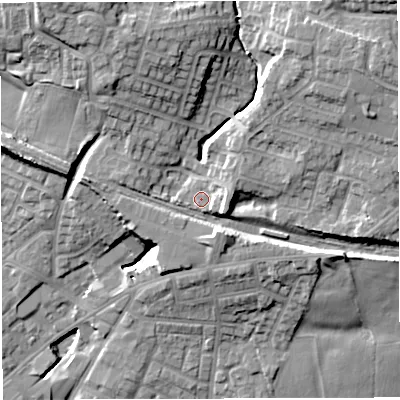 Shaded relief map of the ground around M469QL, computed from Environment Agency LiDAR. The ground here sits at about 68 m above sea level and falls 23 m across the surrounding 800 m. Surface water reaching this point runs off ground lying to the north-north-west, 12.4 m higher.