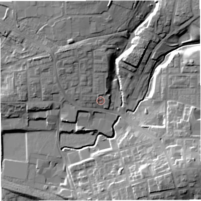 Shaded relief map of the ground around M469QZ, computed from Environment Agency LiDAR. The ground here sits at about 45 m above sea level and falls 25 m across the surrounding 800 m. Surface water reaching this point runs off ground lying to the north-north-west, 7.3 m higher.