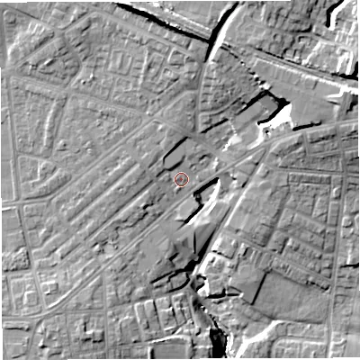 Shaded relief map of the ground around M469RB, computed from Environment Agency LiDAR. The ground here sits at about 61 m above sea level and falls 24 m across the surrounding 800 m. Surface water reaching this point runs off ground lying to the north-north-west, 3.1 m higher.