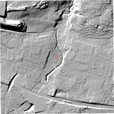 Shaded relief map of the ground around M469RY, computed from Environment Agency LiDAR. The ground here sits at about 69 m above sea level and falls 41 m across the surrounding 800 m. Surface water reaching this point runs off ground lying to the north-north-west, 3.5 m higher.