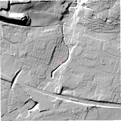 Shaded relief map of the ground around M469RZ, computed from Environment Agency LiDAR. The ground here sits at about 69 m above sea level and falls 41 m across the surrounding 800 m. Surface water reaching this point runs off ground lying to the north-west, 35.4 m higher.