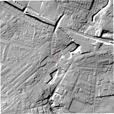 Shaded relief map of the ground around M469SA, computed from Environment Agency LiDAR. The ground here sits at about 62 m above sea level and falls 24 m across the surrounding 800 m. Surface water reaching this point runs off ground lying to the north, 15.0 m higher.