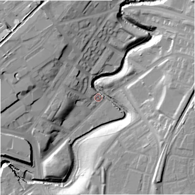 Shaded relief map of the ground around M47DA, computed from Environment Agency LiDAR. The ground here sits at about 39 m above sea level and falls 22 m across the surrounding 800 m. Surface water reaching this point runs off ground lying to the east-north-east, 18.5 m higher.