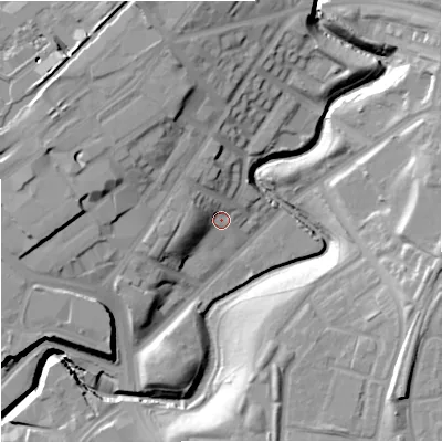 Shaded relief map of the ground around M47DD, computed from Environment Agency LiDAR. The ground here sits at about 40 m above sea level and falls 22 m across the surrounding 800 m. Surface water reaching this point runs off ground lying to the west-north-west, 7.6 m higher.