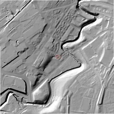 Shaded relief map of the ground around M47DG, computed from Environment Agency LiDAR. The ground here sits at about 41 m above sea level and falls 22 m across the surrounding 800 m. Surface water reaching this point runs off ground lying to the north-west, 7.4 m higher.
