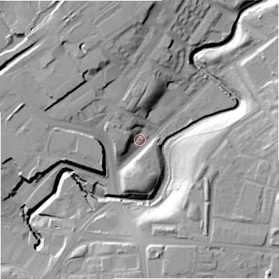 Shaded relief map of the ground around M47DJ, computed from Environment Agency LiDAR. The ground here sits at about 38 m above sea level and falls 20 m across the surrounding 800 m. Surface water reaching this point runs off ground lying to the west, 7.8 m higher.